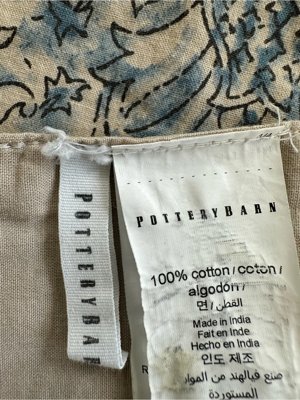 Pottery Barn Blue and Beige Floral Block-Print Tablecloth 47x47